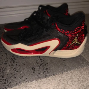 JT 1 - Snygga sneakers i svart och rött med gulddetaljer. Skorna har ett unikt mönster och snörning. Perfekta för den som vill sticka ut med stil.