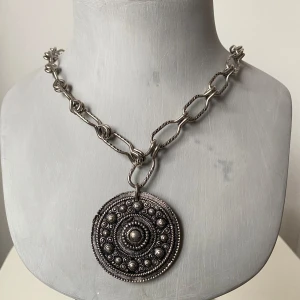 Stort silverfärgat halsband med rund medaljong - Säljer ett coolt och unikt halsband i silverfärg med en stor rund medaljong. Kedjan är grov och länkad, vilket ger en tuff look. Medaljongen har ett detaljerat mönster som verkligen fångar ögat. Perfekt för att ge din outfit en edgy touch!