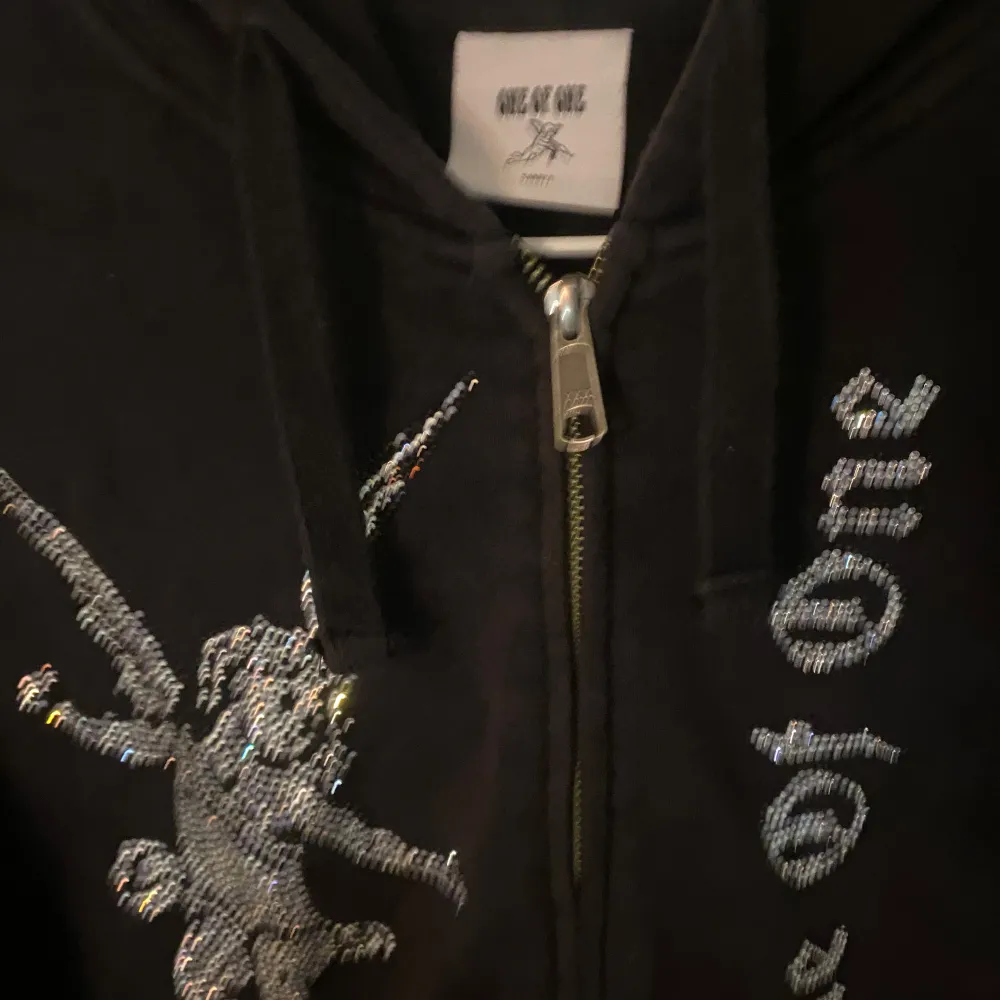 Säljer en svart hoodie från One Of One med coola strassdetaljer. Den har en dragkedja framtill och en snygg ängel i strass på bröstet. Texten 'One Of One' är också i strass. Kom med prisförslag, sen säljs inte nu så passa på.. Hoodies.