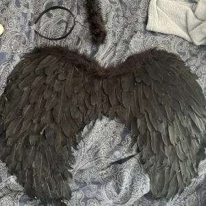 Svarta ängelvingar - Säljer dessa supersnygga ängelvingarna och diademet till halloween. Diademet är i bra skick även vingarna, dock på framsida kan det synas lite av kartong materialet, men inget märkvärdigt. Endast använda en gång. 🖤