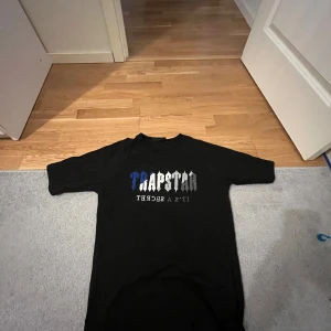 Svart t-shirt från Trapstar - Säljer en svart t-shirt från Trapstar med texten 'Trapstar It's a Secret' i blått och grått på framsidan. T-shirten har en klassisk rund hals och korta ärmar. Perfekt för en avslappnad stil.