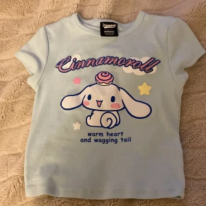 Ljusblå Cinnamoroll t-shirt från Bershka - Supergullig ljusblå t-shirt från Bershka med Cinnamoroll-tryck på framsidan. Den har korta ärmar och är perfekt för en avslappnad stil. Texten 'warm heart and wagging tail' ger en extra söt touch. Perfekt för alla Cinnamoroll-fans!💙🩵sitter som en S. Nästan aldrig använd 