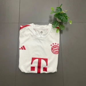 Vit och röd Bayern München fotbollströja - Säljer en vit och röd Bayern München fotbollströja från Adidas med Musiala och nummer 42 på ryggen. Tröjan har korta ärmar och klubbens emblem på bröstet. Perfekt för fans av FC Bayern München! Köpt i Turkiet!