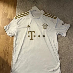 Bayern München tröja bortaställ 22/23 säsongen  - Bayern München tröja med guldiga detaljer. Tröjan har korta ärmar och är i nyskick. Den är tillverkad av 100% återvunnen polyester och har en snygg design med klubbmärke och sponsorlogga på framsidan. Perfekt för fotbollsfans!