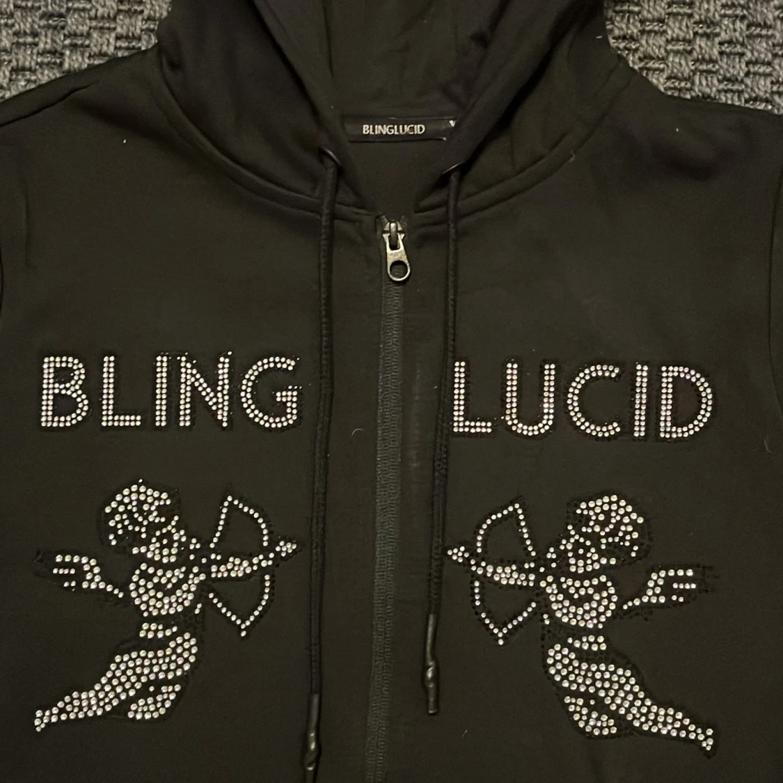 Svart Rhinestone Zip Hoodie - 90