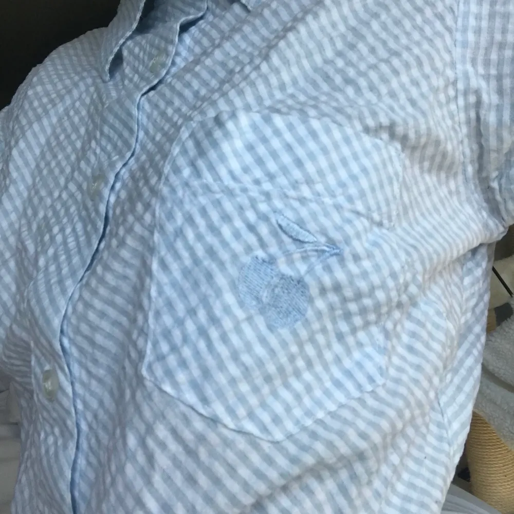 Jättesöt ljusblå rutig skjorta med broderat körsbär på bröstfickan.. Skjortor.