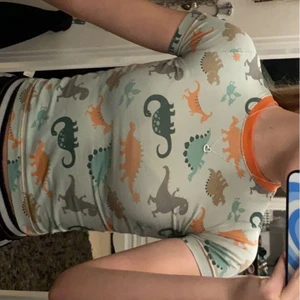 mini t-shirt - Säljer min älskade dinosaurie tröja eftersom att jag faktiskt inte använder den. Den är hemmasydd så det finns ingen riktig storlek men den är ju sydd för barn så den är liten men den funkar ändå på mig. Skriv om du vill ha fler bilder eller om du har någon fråga! Vill helst mötas upp i Linköping men går inte det står köparen för frakt :)