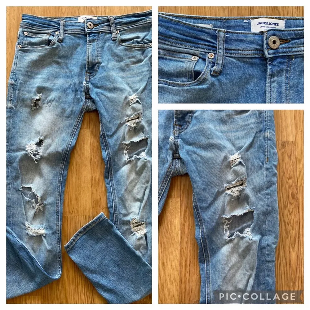 Säljer mina jeans från Jack & Jones som nu blivit för små.   Bild 1 : Modell Skinny/Liam. W28/L30.  Bild 2 : Modell Skinny/Liam. W29/L30. Bild 3 : Modell Skinny/Liam. W28/L30.   Som sagt är alla jeans samma modell men lite olika storlekar. Jeansen är väl omhändertagna, inte använda mycket och även nytvättade.   Pris : 250kr/st + frakt.. Jeans & Byxor.