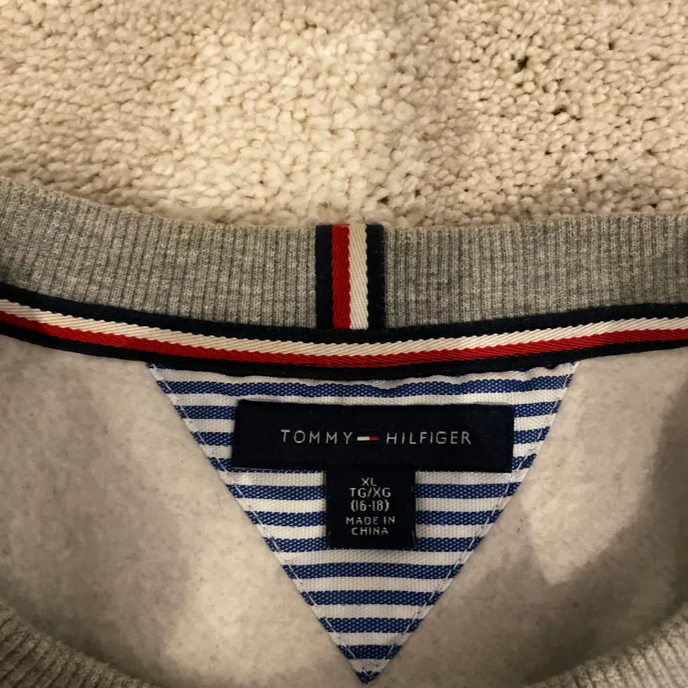 En jättefin tjocktröja från Tommy hilfiger köpt i Tommy hilfiger butik i USA. Den är storlek XL i barn vilket passar till längden 156-164. Tröjan är i superfint skick.. Tröjor & Koftor.