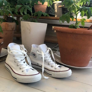 Vita converse✌️🪐🪴📀 - Säljer dessa coola höga vita converse! Använda men tvättade och i fint skick👍 Köpare står för eventuell frakt 📦 Lite bortsliten text på hälen (kontakta om du vill ha bild ;)