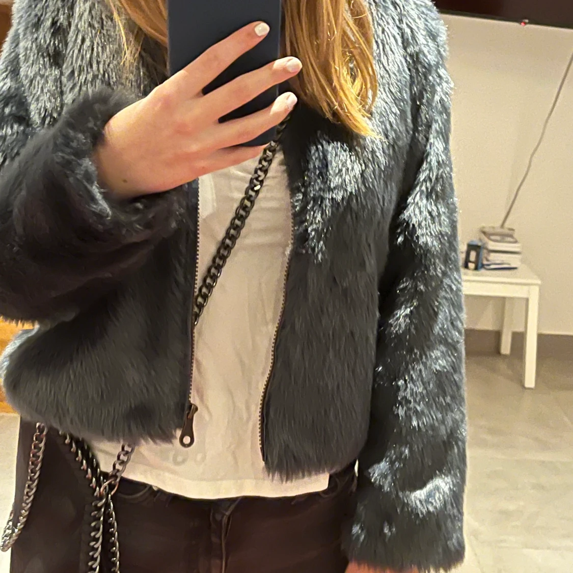 pälsjacka i blå/grå