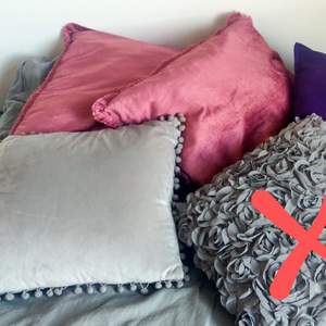 Decorative pillows. 20kr each. Pink and purple are 50x50cm and the grey is 40x40cm.