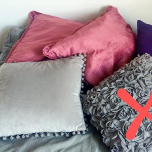 Pillows Kuddar - Decorative pillows. 20kr each. Pink and purple are 50x50cm and the grey is 40x40cm.