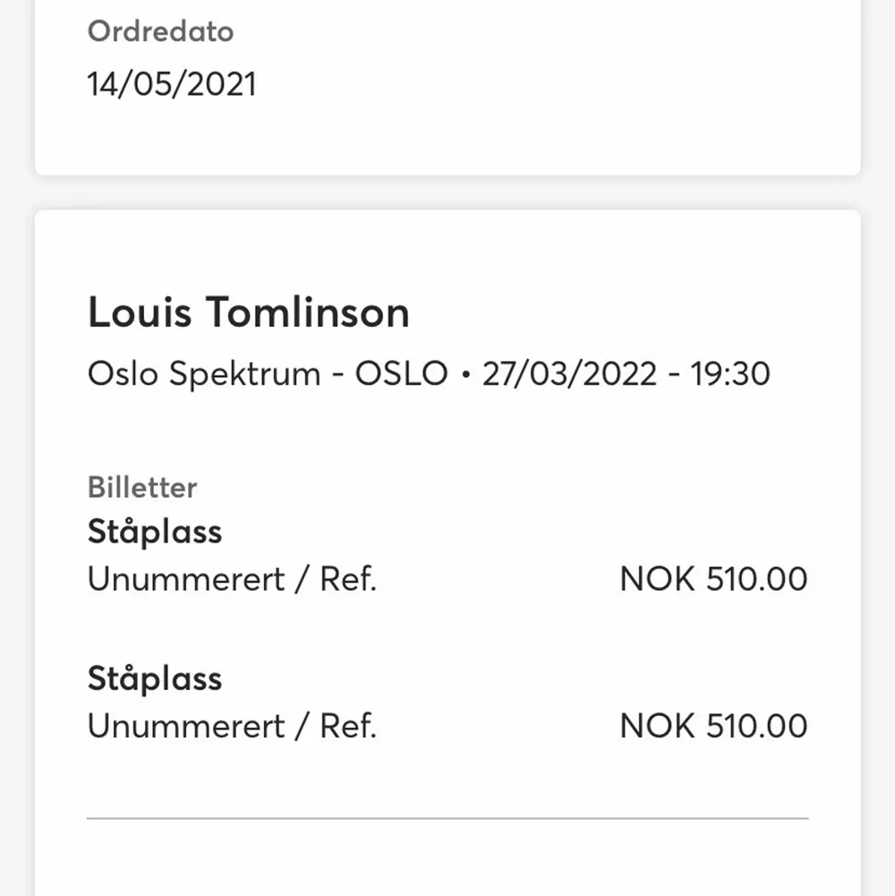 2 Konsert biljetter till Louis Tomlinson i Norge, Oslo, Söndagen 27 Mars! Säljer då jag inte längre kan gå. Övrigt.