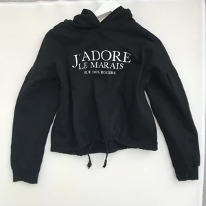 Svart hoodie med text - Svart kort hoodie med text från GinaTricot. Säljer eftersom den inte används längre. Snygg till högmidjade jeans och kjolar då den har knytning i midjan som kan göra den till en crop top. Storlek M men passar även mig som är S. Skickar paketet gratis. Skriv om du har frågor💕
