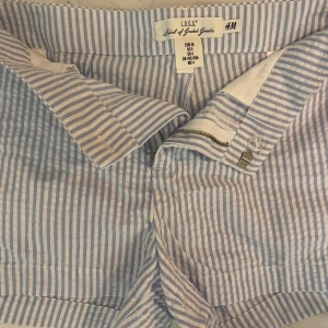 Randiga shorts från H&M - Snygga randiga shorts från H&M i blått och vitt. De har en dragkedja framtill och hällor för bälte. Perfekta för en avslappnad sommarstil.