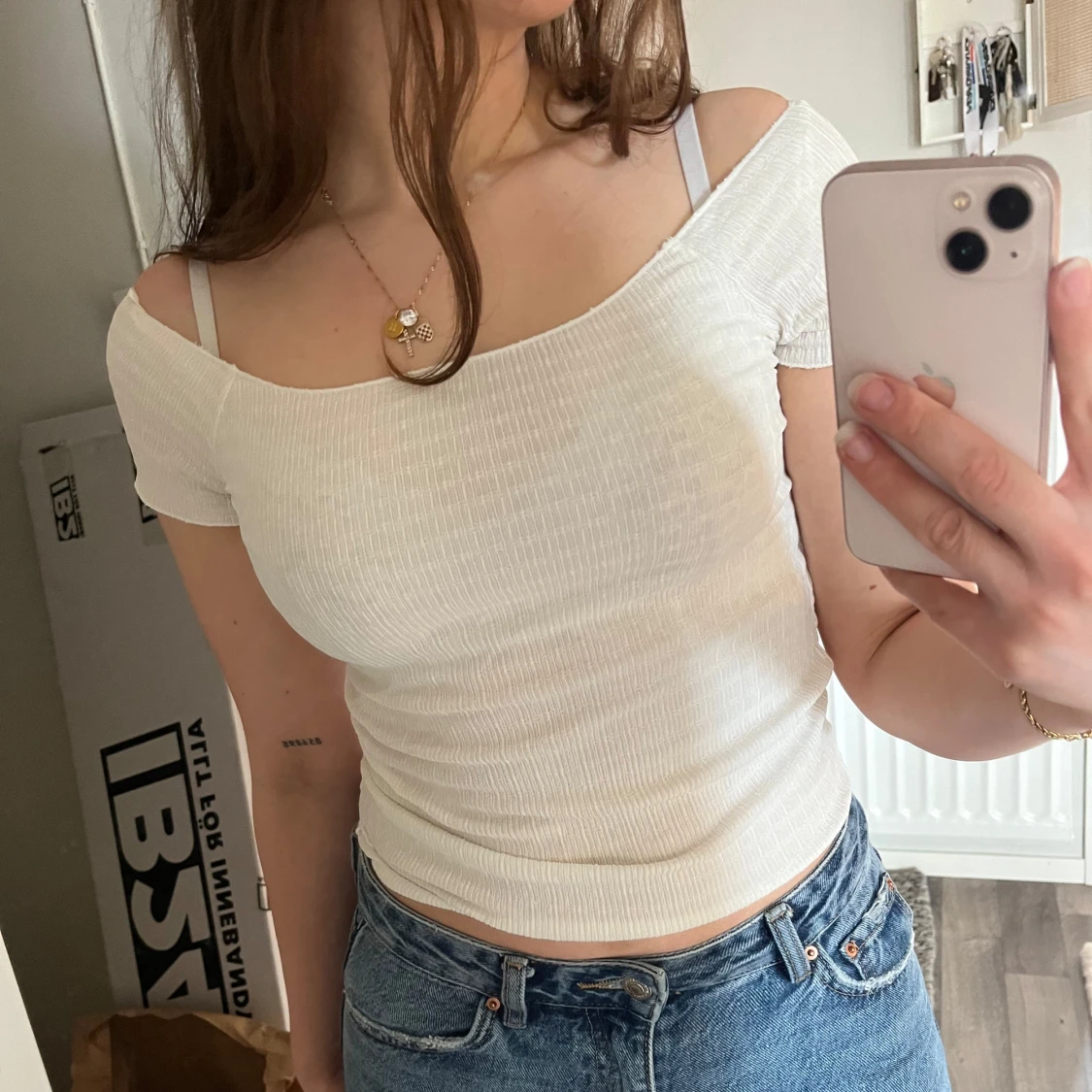 Beige ribbad offshoulder topp - 1