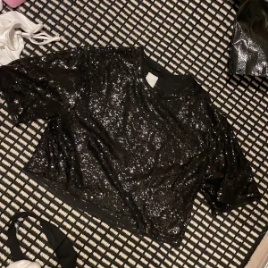 Svart paljettopp från H&M - Glittrig svart topp från H&M i storlek S, täckt med paljetter för en riktigt festlig vibe. Modellen är croppad med korta ärmar och rund halsringning. Perfekt för dig som vill sticka ut och glänsa på nästa event!