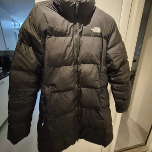 Svart dunjacka från The North Face - Säljer en svart dunjacka från The North Face med hög krage och tydliga quiltade sektioner. Jackan har dragkedja framtill och logga på bröstet. Perfekt för kalla dagar och har en clean, oversized look som är riktigt trendig just nu.