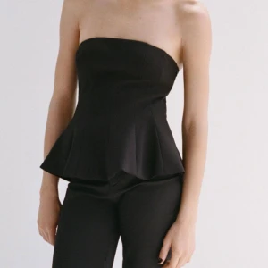 Tubtopp ZARA - Säljer en svart axelbandslös tubtopp med utsvängd nederdel och figurnära passform. Toppen har en stilren och enkel design med markerade sömmar som ger en snygg siluett. Perfekt att styla med både jeans och kostymbyxor. Aldrig använd, från ZARA