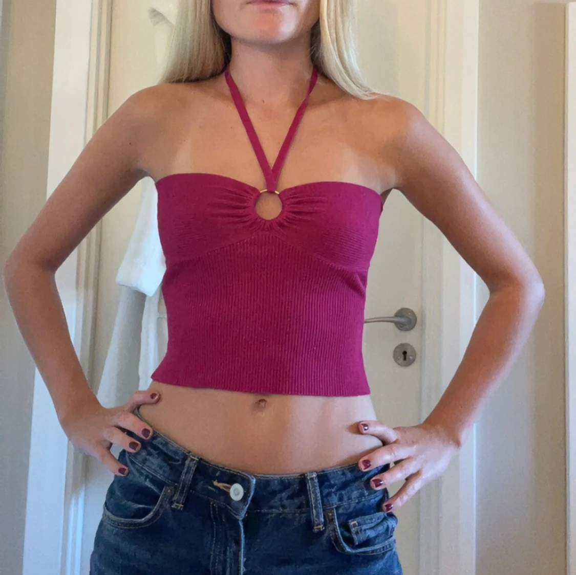 Ribbad hallonröd bandeau tubtopp