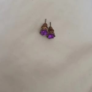 Lila örhängen med stenar - Snygga små örhängen med lila, gnistrande stenar i rund infattning. Perfekta för att ge lite färg till din look. Metallfärgad bas och klassisk design som passar till det mesta.