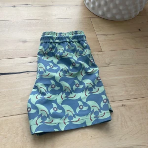 Mönstrade badshorts från Puiao - Snygga badshorts från Puiao med blått och ljusgrönt abstrakt mönster och röda stjärndetaljer. Shortsen har elastisk midja med snörning och innerbyxa i mesh. Perfekta för stranden eller poolen, riktigt coola färger och unik design.