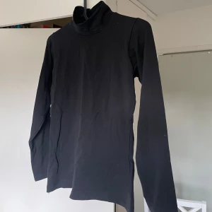 Svart tröja - En klassisk svart tröja med lång ärm och hög krage. Tröjan är mjuk och tajt  och har en enkel, stilren design som passar till det mesta. Perfekt att styla lager på lager eller bära som den är. Säljer pga för tajt på mig 