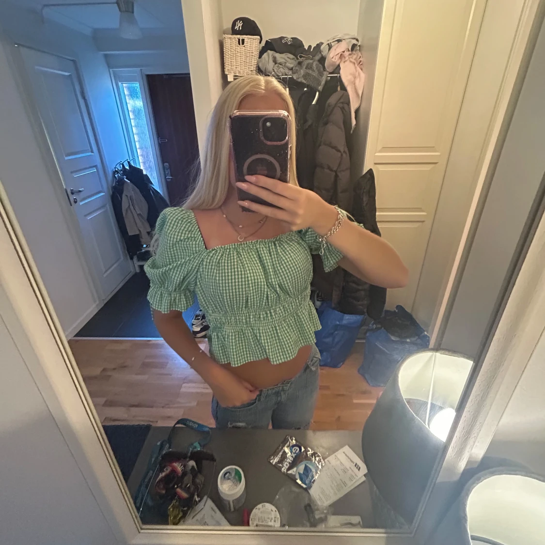 Grön rutig croppad blus - 1