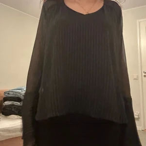 Svart blus med tunna glitter ränder - Säljer en svart blus med tunna vertikala ränder. Blusen har v-ringad hals och långa, transparenta ärmar som ger en luftig känsla. Materialet är lätt och skönt❤️har klippt bort lappen så vet inte var jag har köpt den ifrån
