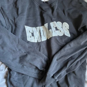 Mörkgrå sweatshirt från Vailent XS - Säljer en mörkgrå sweatshirt från Vailent i storlek XS med stort vitt tryck 'ENDLESS' på bröstet. Tröjan har rund hals, långa ärmar och ribbade muddar. Perfekt för dig som gillar streetstyle och vill ha en chill vibe.