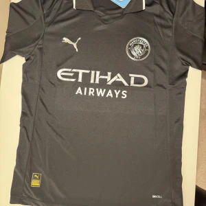Manchester City svart fotbollströja  - Snygg svart Manchester City fotbollströja från Puma med silverfärgade detaljer och loggor. Tröjan har korta ärmar, klassisk krage med vit kant och är tillverkad i lätt, ventilerande polyester med DryCell-teknologi. Perfekt för dig som vill representera City på planen eller läktaren.