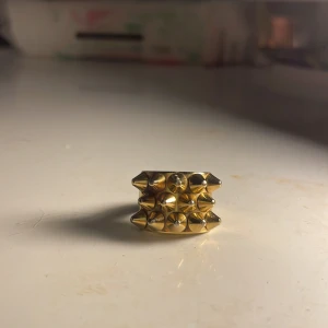 Edblad guld ring - Säljer en chunky ring i guldtonad metall med två rader av spetsiga nitar som ger en edgy och cool vibe. Ringen är bred och har en blank finish som verkligen sticker ut på handen. Perfekt för dig som gillar statement-smycken och vill ha något som syns.