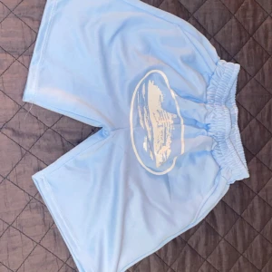 Ljusblå shorts med tryck - Snygga ljusblå shorts med resår i midjan och ett vitt tryck av ett landskap på ena benet. Shortsen har en bakficka och är tillverkade i ett mjukt material som passar perfekt för sommaren.