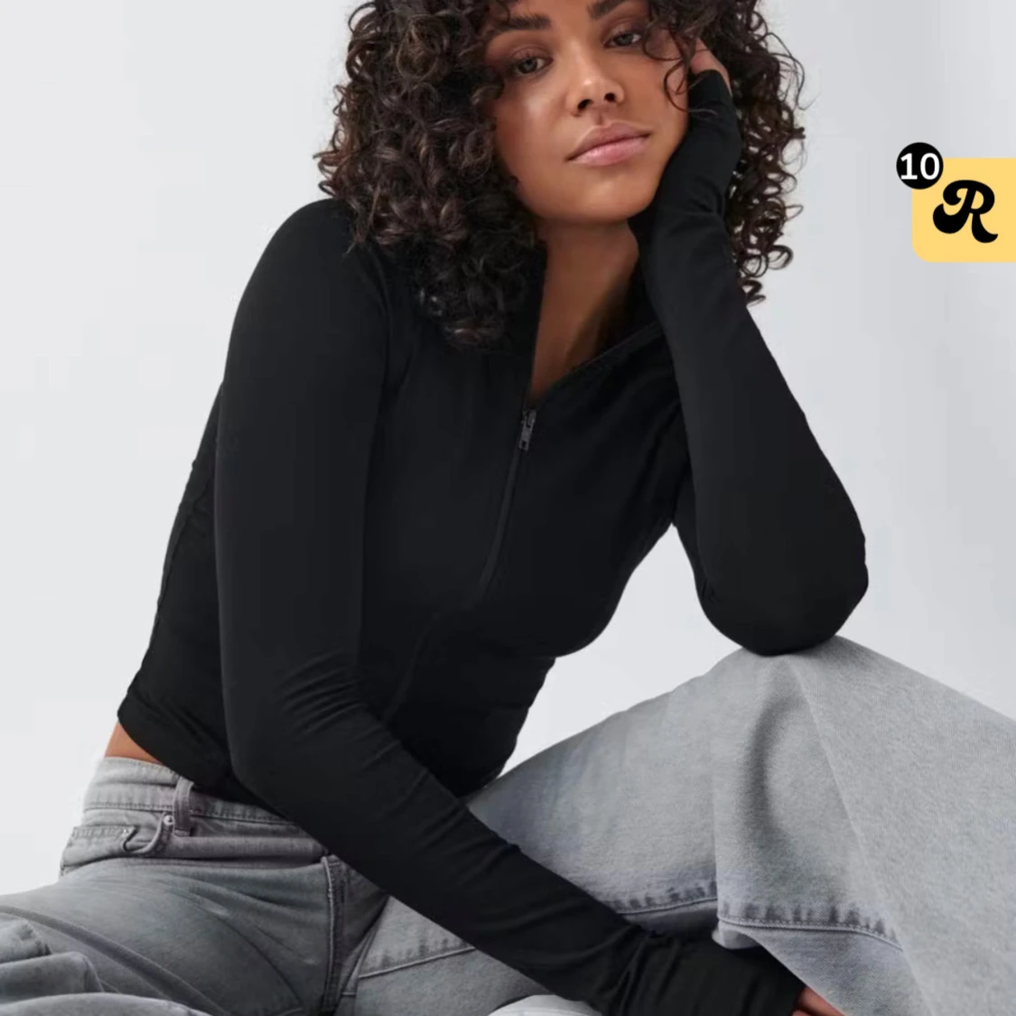 Svart slim långärmad ziptröja - 1