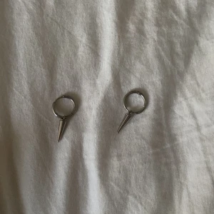 Silverfärgade örhängen från Edblad - Säljer ett par stilrena silverfärgade örhängen från Edblad. Örhängena har en rund form med en hängande spetsig detalj som ger en modern och edgy look. Perfekta för dig som gillar minimalistiska smycken.