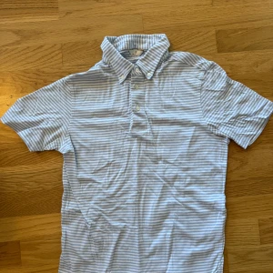 Randig pikétröja från GANT - Säljer en stilren ljusblå och vit randig pikétröja från GANT. Tröjan har korta ärmar och knappar vid kragen. Perfekt för en avslappnad och snygg look till sommaren. Säljer pga för liten för mig.
