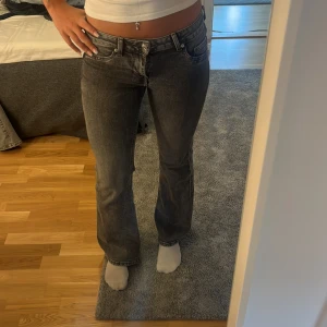 Grå bootcut jeans med låg midja - Säljer ett par gråa bootcut jeans med snygg tvätt och låg midja. Jeansen har klassiska fem fickor och dragkedja med knapp framtill. Perfekta för dig som gillar en avslappnad men trendig look. Tycker dem är lite korta för mig därför jag säljer dem och jag är 174.