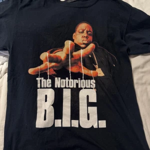 Svart Notorious B.I.G. t-shirt Menace - Svart t-shirt från Menace med stor Notorious B.I.G.-print på framsidan. Klassisk rund hals och korta ärmar. Trycket har en cool grafisk design med text och bild i vitt och orange toner. Perfekt för dig som gillar streetwear och hiphop.