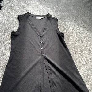 Svart ribbad topp från Kappahl - Snygg svart ribbad topp från Kappahl i storlek XS. Ärmlös modell med v-ringning och knappar framtill. Toppen har en rak och enkel siluett som ger en chill vibe. Perfekt för dig som gillar minimalistisk stil och vill ha något bekvämt och stilrent.