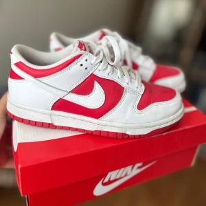 Nike Dunk Low röd och vit - Nike Dunk Low sneakers i rött och vitt. Skorna har en platt sula och är tillverkade i skinn med meshfoder. Perfekt för dig som gillar streetwear❤️
