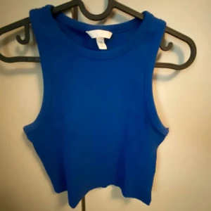 Blå croppad linnetopp från H&M - Säljer en snygg blå croppad linnetopp från H&M. Perfekt för varma dagar eller som ett lager under en jacka. Toppen är ärmlös och har en enkel design som gör den lätt att matcha med olika outfits.