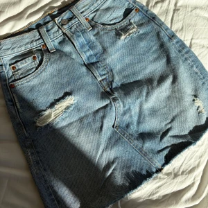 Jeanskjol från Levi's - Snygg jeanskjol från Levi's i en klassisk blå tvätt. Kjolen har slitna detaljer och en rå kant nedtill för en trendig look. Perfekt för en avslappnad stil. Den har fem fickor och bälteshällor.