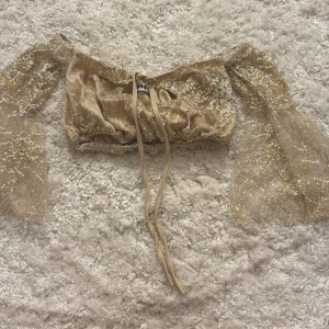 Glittrig guldig blus med puffärmar - Superfin glittrig blus i guld med transparenta puffärmar och paljettdetaljer. Toppen har snörning framtill och är croppad med volangkant nedtill. Perfekt för dig som vill sticka ut med en unik och festlig look! Toppen är avklippta från en klänning men tycker inte sömmarna stör när den är på!