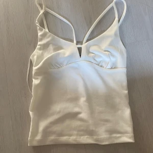 Vit linnetopp från Bik Bok XS - Supersnygg vit linnetopp från Bik Bok i återvunnen polyester med tunna axelband och lätt v-ringad urringning. Sitter figurnära och har en stilren, enkel look som passar perfekt till jeans eller kjol. Materialet är mjukt och har en lätt glans.