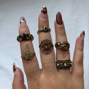 Set med coola bronsfärgade ringar - (10kr st)Säljer ett set med sex unika ringar i bronsfärg. Motiven är bland annat en elgitarr, ett spindelnät, blommor och svarta stenar. Några ringar har detaljer som pärlor och blommönster. Perfekt för dig som vill sticka ut med edgy och vintage-inspirerad stil.