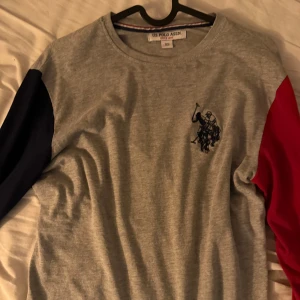 Grå långärmad tröja US Polo Assn - Snygg grå långärmad tröja från US Polo Assn med kontrastärmar i marinblått och rött. Tröjan har rund halsringning och en broderad logga på bröstet. Perfekt för en chill och sportig look.