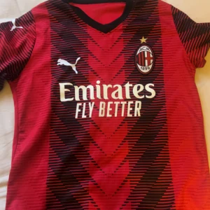 AC Milan tröja Rafa Leão #10 S - Säljer en officiell AC Milan matchtröja från Puma med Rafa Leão och nummer 10 på ryggen. Tröjan är röd med svarta detaljer och har ett grafiskt mönster framtill, klubbmärke och sponsortryck. Kortärmad modell i lätt och ventilerande material.