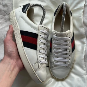 Gucci ace - Säljer mina Gucci ace skor. Mycket bra skick, inga fel förutom en liten defekt(kom privat för bild), därav priset. Äkta, bild på kod finns. Unisex, sällsynt färg. Dustbag ingår, kan sänka vid en snabb affär.