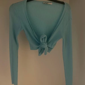 Ljusblå ribbad croppad topp med knyt - Supersnygg ljusblå croppad topp med lång ärm och knyt framtill. Toppen är ribbad och har en djup v-ringning.